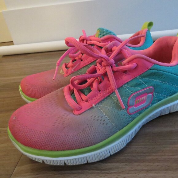 SKECHERS Flex Appeal Memory Foam Cosmic Pink Green Athletic Sneakers Shoes US 5 - Picture 8 of 13